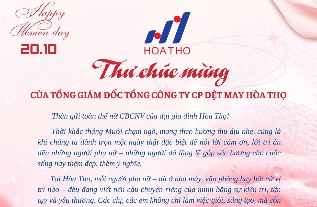 Thư chúc mừng ngày Phụ nữ Việt Nam 20/10 của Tổng Giám đốc Tổng Công ty CP Dệt May Hòa Thọ