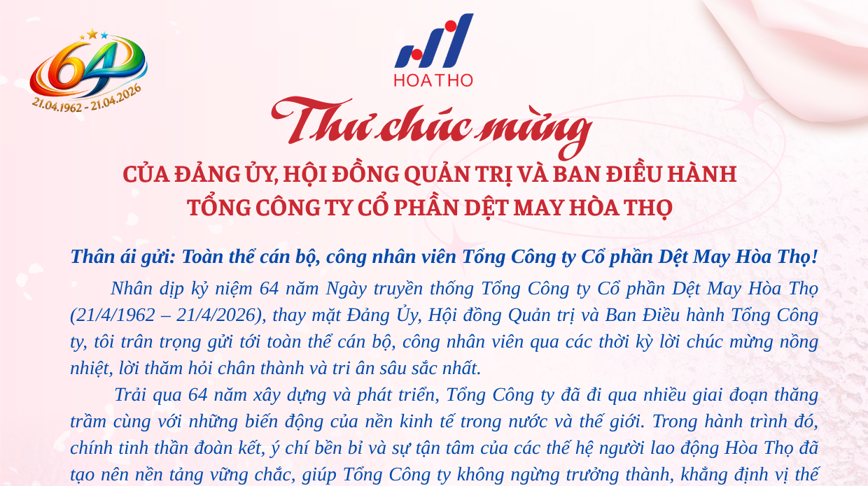 THƯ CHÚC MỪNG 64 NĂM NGÀY TRUYỀN THỐNG TỔNG CÔNG TY CỔ PHẦN DỆT MAY HÒA THỌ